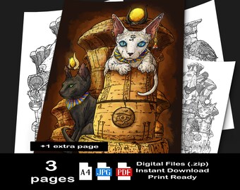 Coloring Pages PDF + JPG - Egypt, Animals, Magic, Cat, Dog, Bird - Ancient Egyptians Guardians
