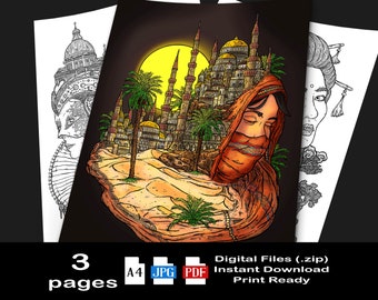 Coloring Pages PDF + JPG - Feminine, Asian, Chinese, Japanese, Nature, Venice, Beauty - Jewels of the East