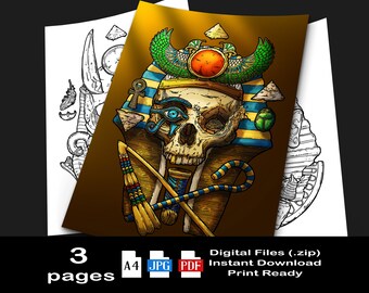 Egyptian Skull Coloring Pages: Undead Trio (PDF + JPG)