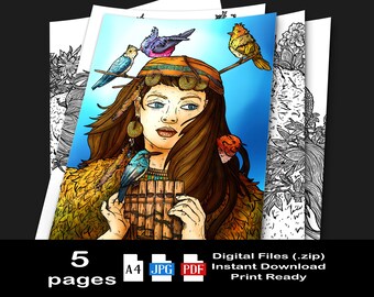 Coloring Pages PDF + JPG - Feminine, Girls, Women, Wild, Magic - Girls of the Forest