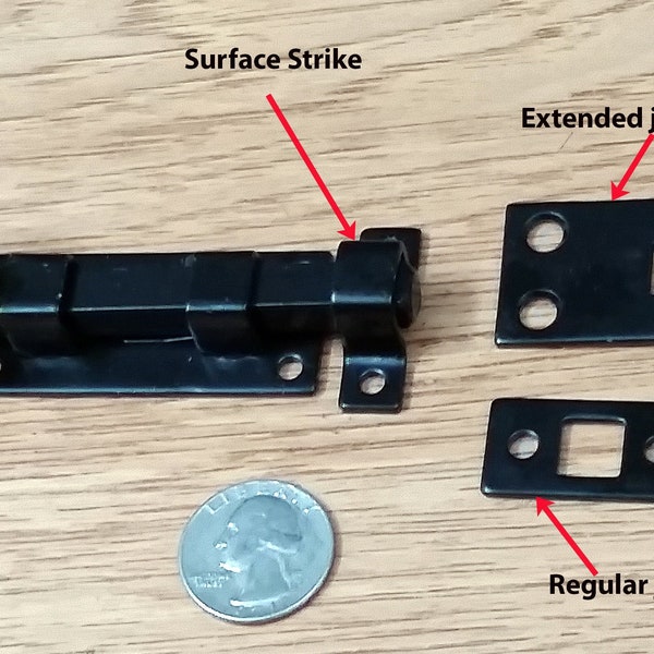 Mini Slide Bolt, surface and jamb strikes, Black, Small Slide Bolt for cabinets, speakeasy doors and more