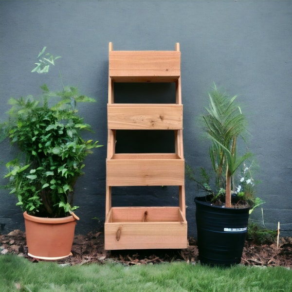 Vertical 4 tiered upright patio planter for herbs and flower box vertical plant stand, leaning planter, customizable
