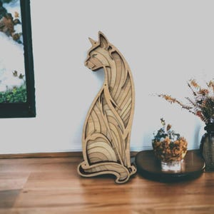 Layered Wood Cat Figurine: Laser Cut Wall Art