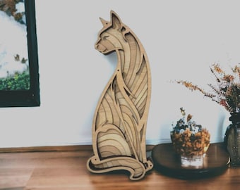 Layered Wood Cat Figurine: Laser Cut Wall Art