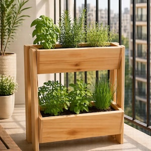 May include: A two-tiered wooden planter filled with various herbs. The light-colored wood planter has a rectangular shape and is placed on a balcony. The herbs include basil, rosemary, and chives, creating a small herb garden.