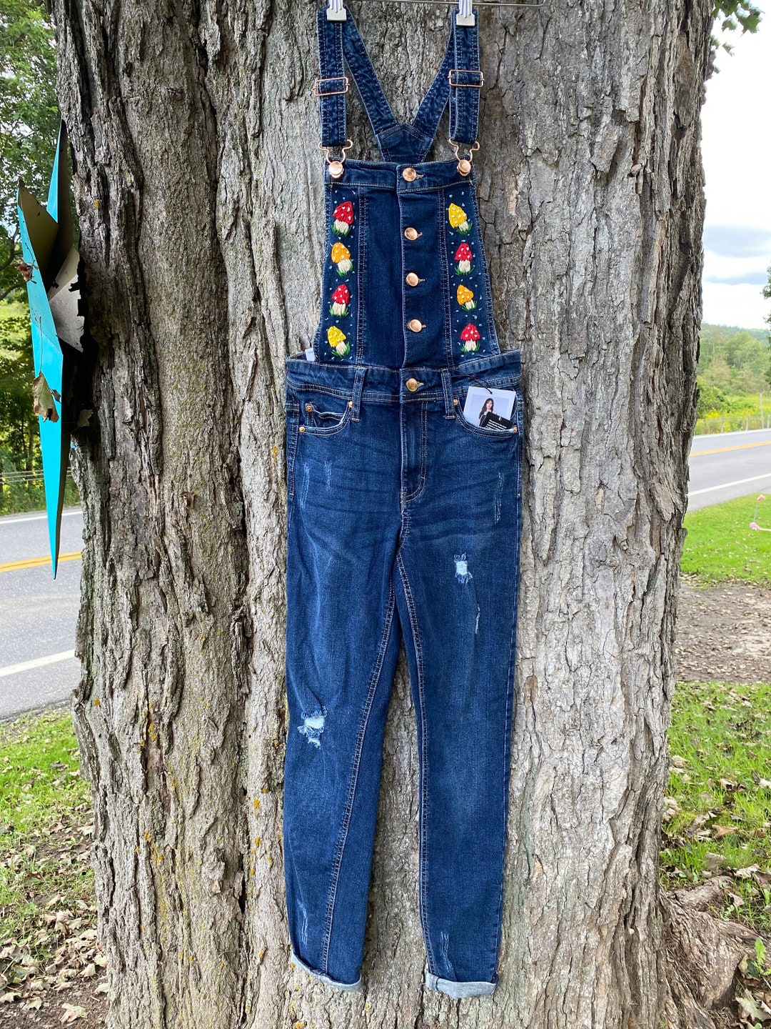 Mushroom Embroidered Denim Overalls. Mushrooms. Jean Overalls