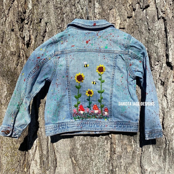 5 Jean Jacket. Embroidered. Painted. Mushrooms. Sunflowers. Bee.