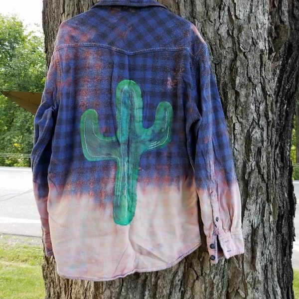 Cactus Painted Bleached Flannel, Large, Distressed Flannel, Flannel Shirt, Buffalo Plaid, Southwest, Buffalo Check