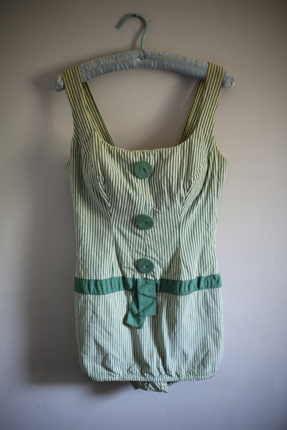 1940s Green Striped Swimsuit **As Is**