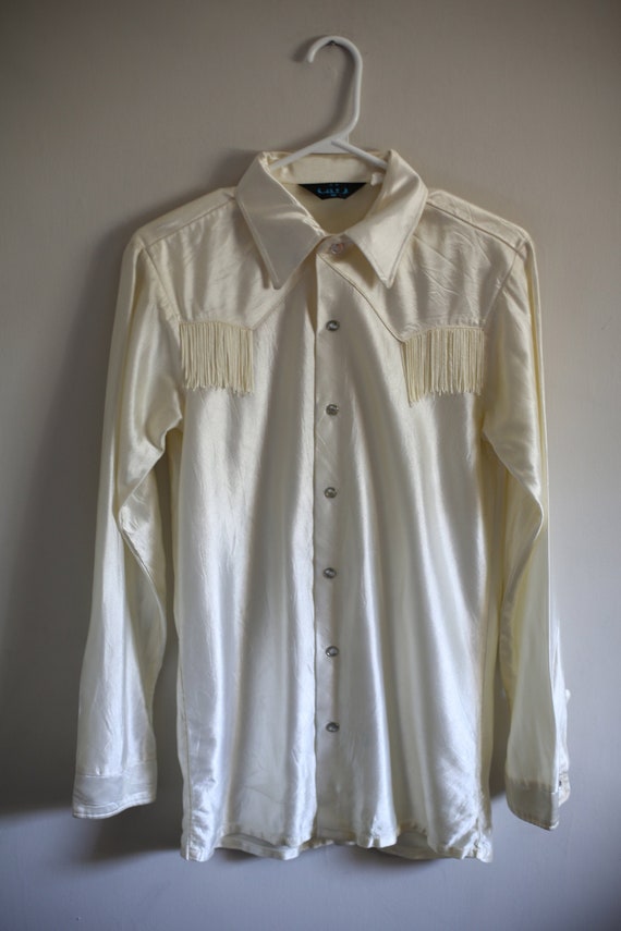 1970s White Western Mens Fringe Shirt
