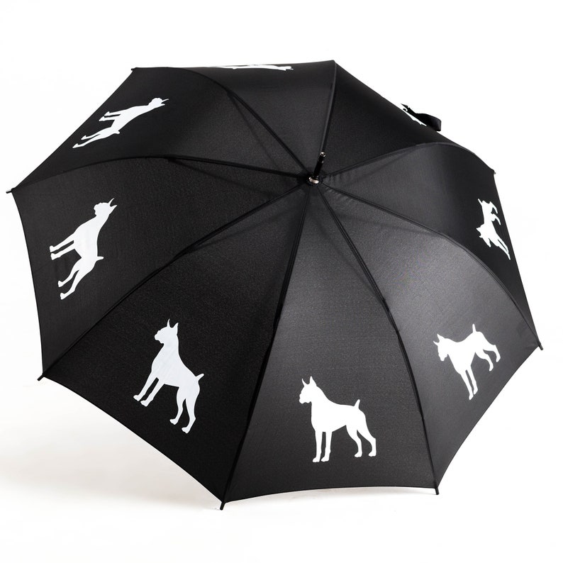 Black and While English style umbrella depicting boxer dog images.
