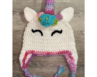 Unicorn Beanie - Crochet Unicorn Hat - Magical Winter Beanie - Rainbow Beanie - Winter Hat - Stocking Stuffer -Earflaps - Warm & Stretchy