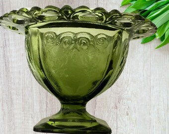 Indiana Glass Loraine Planter Avocado Green Square Foot Lace Rim 5&quot;h x 3 1/8&quot;d