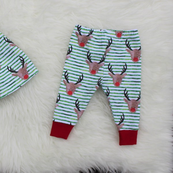 Ready To Ship Rudolph Christmas Pants Christmas Leggings, Boy Girl Holiday Pants, Red and Green Christmas Set, Newborn Photo Prop