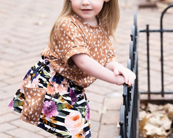 Little Girl Spring Summer Set, Striped Floral Animal Print Paper Bag Skirt Shirt and Bow. Baby Toddler Spring Summer Outfit, Pocket Skirt