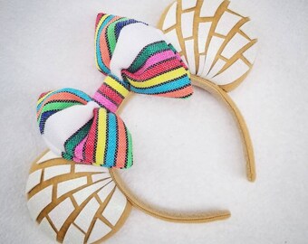 White Glitter Concha with Serape Bow Minnie Mouse Ears