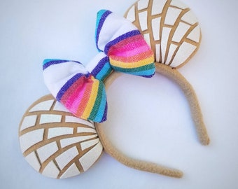 White Glitter Concha with Serape Bow Minnie Mouse Ears