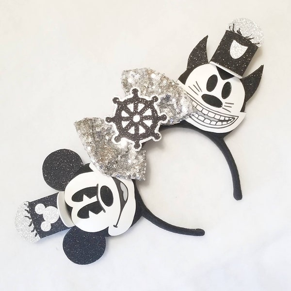 Steamboat Willie, "Mickey and Pete" Inspired Magical Ears with Silver Sequin Bow