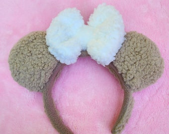 Tan Sherpa with a White Bow Magical Mouse  Ears