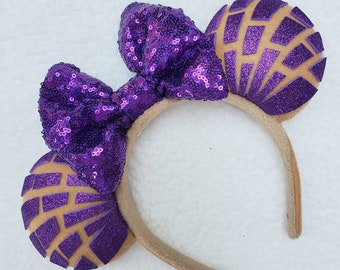 Purple Glitter Concha with Sequins Bow Minnie Mouse Ears
