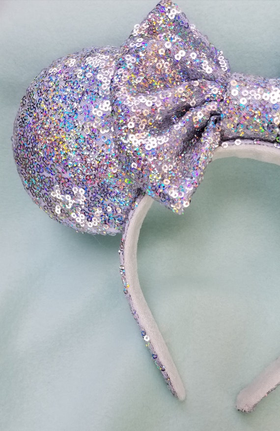 Disney Iridescent Light Silver Minnie Ears Headband with Sequin Bow Minnie Ears Sequins Bow Castle Jewel Silver Disney Parks  main image 2