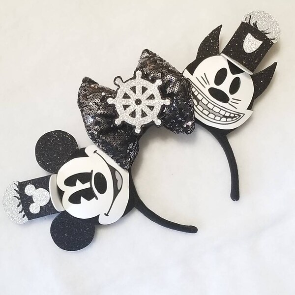 Steamboat Willie, "Mickey and Pete" Inspired Magical Ears with Black  Sequin Bow