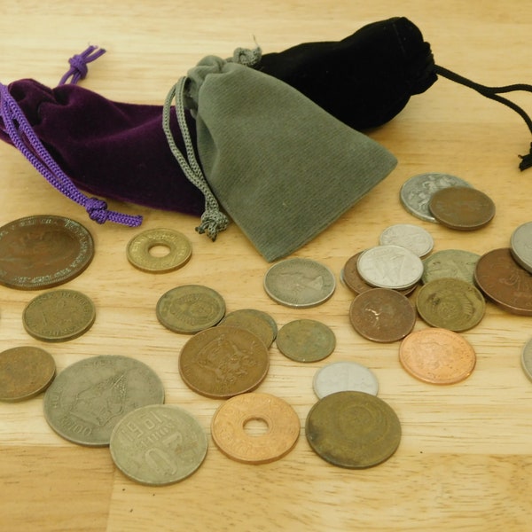 Mini Sack o' Coins. 12 pc + Bag (world coins collector collection pirate treasure fantasy prop crow core corvidcore goblincore shiny)