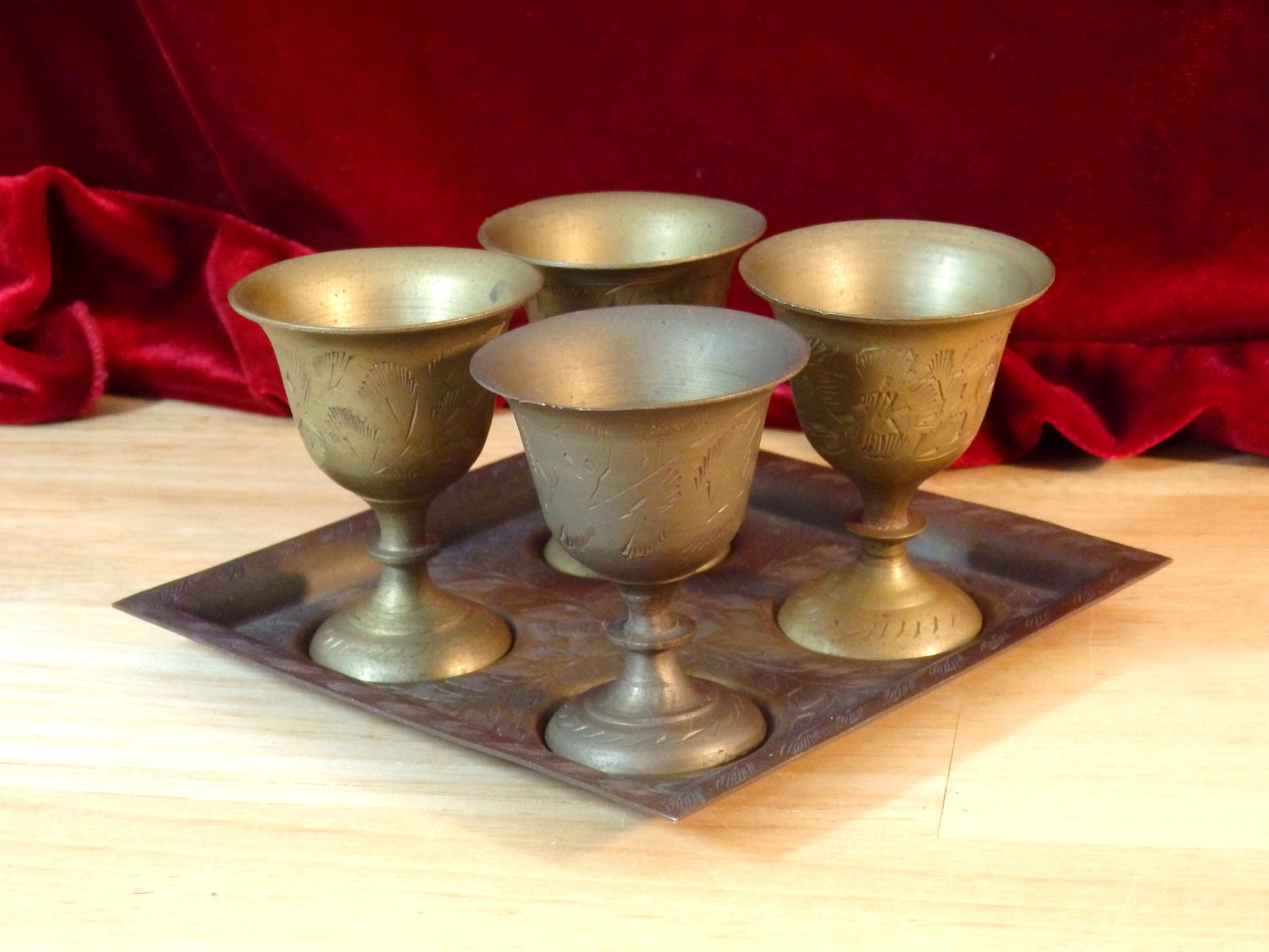Vintage Etched Brass Mini Goblets W Tray Pc Made In India Etsy