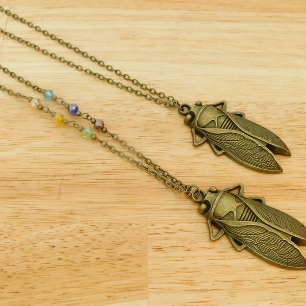 Large Cicada Pendant Necklace, 23" bronze tone chain. (creepy vulture culture insect goblin goblincore bug collector gift 17 year beaded)