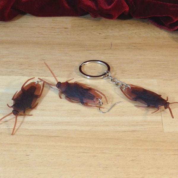 Realistic Cockroach Earrings, Key Chains (gross bug insect creepy gag gift halloween april fools roach oddity joke entomologist entomology