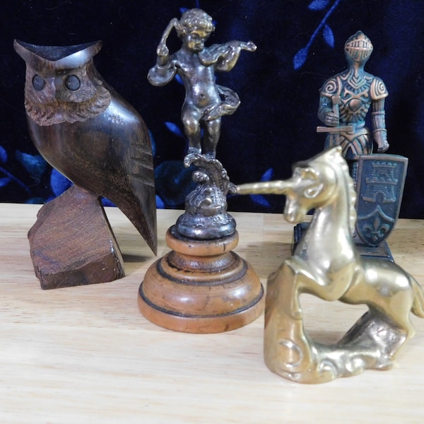 Assorted Small Vintage Figurines, Metal & Wood, 2.5" to 4" (statuette knight owl bird unicorn brass goblincore dark academia corvid)