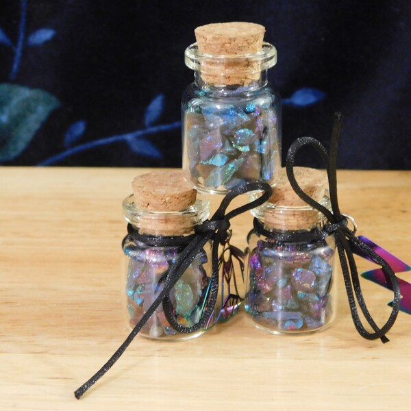 Chalcopyrite Peacock Ore Gemstone Chip Bottle w/ Rainbow Charms (crystal pagan witch curio goblincore wish spell mini specimen collection)