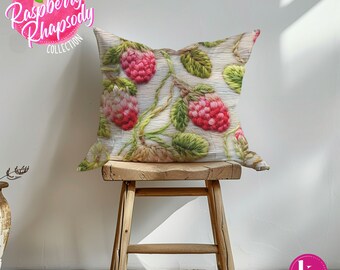 Raspberry Cottagecore Decorator Pink Throw Pillow Mothers Day Gift for Her, Cute Gift Personal, Nursery Decor Giftful, Vegan Fruit Food Leaf