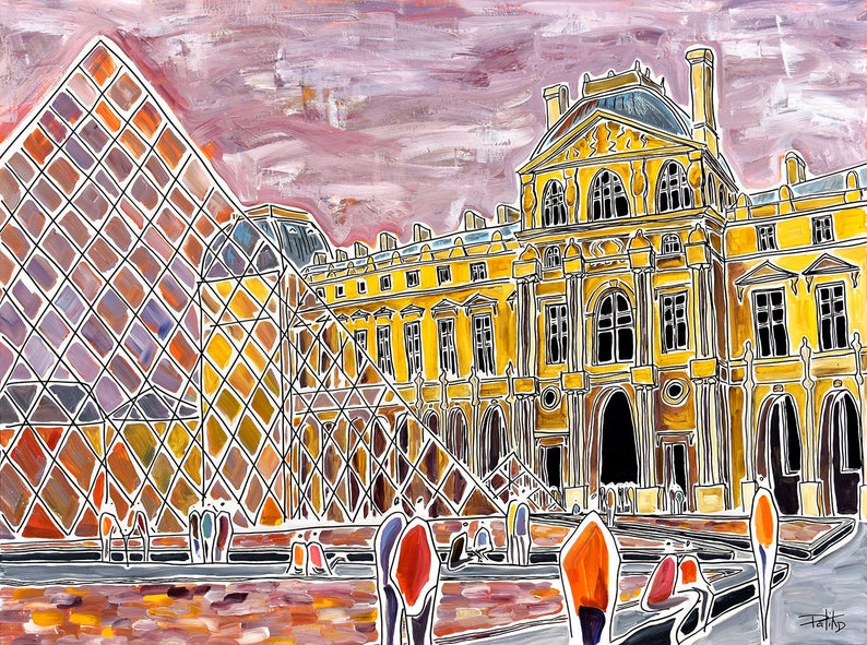 Paris Romanticism contemporary drawing Louvre colorful city limited edition signed print of my acrylic painting Gicl\u00e9e print