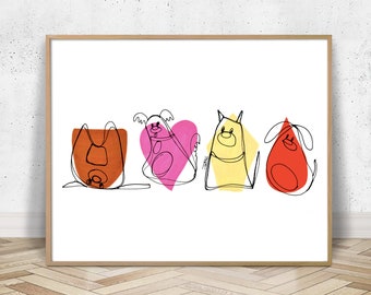 May include: A digital illustration of four cartoon dogs in a line. The dogs are drawn in a simple, line art style with colorful watercolor backgrounds. The dogs are all different colors and have different expressions.
