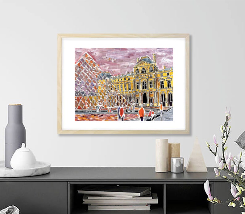 Paris Romanticism contemporary drawing Louvre colorful city limited edition signed print of my acrylic painting Gicl\u00e9e print