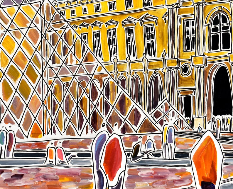 Paris Romanticism contemporary drawing Louvre colorful city limited edition signed print of my acrylic painting Gicl\u00e9e print
