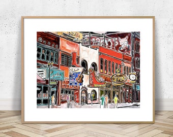 Nashville, TN, Music Row, signed reproduction of acrylic painting, colorful city, Giclée print, country music