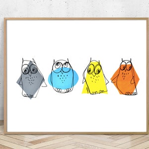 Owls, Funny Owls, limited edition signed print of my acrylic painting - Giclée print- colorful owl drawing