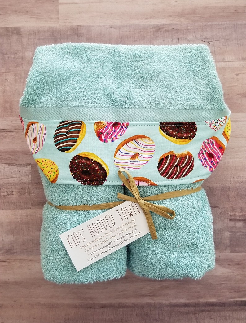 Fun Donut Print Border on Full Sized Teal Bath Towel Donut Hooded Towel for Kids Quirky Gift for Girl Ready to Ship Birthday Gift