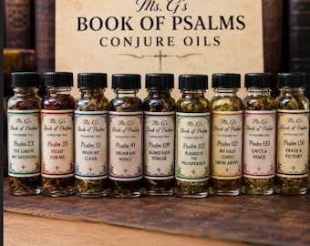 May include: Nine small glass bottles filled with botanical oils and herbs, each featuring a label titled Ms. G's Book of Psalms Conjure Oils. The labels list specific Psalms from 23 to 150, with black screw-top lids and clear glass bodies.