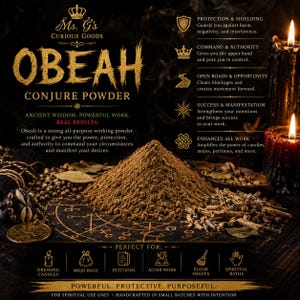 May include: A mound of brown conjure powder centered on a dark surface with a circular sigil. The text reads Ms. G's Curious Goods Obeah Conjure Powder, detailing benefits like protection, authority, and success, with icons for candles, bags, and baths.