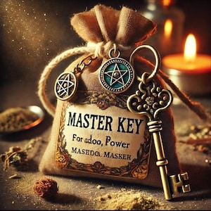 May include: A small, brown burlap sack with a drawstring closure. The sack is decorated with a gold key, a gold star with a blue center, and a gold pentagram. The sack has a label that reads "MASTER KEY For adoo, Power MASHDOOL MASKER".