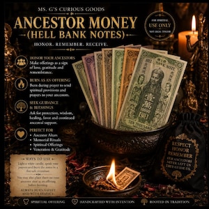 Pode incluir: Uma coleção de notas coloridas Hell Bank Notes rotuladas como Ancestor Money, apresentando o retrato de uma figura e o texto 10000 Ten Thousand Dollars. As notas estão num recipiente escuro ao lado de uma bolsa preta com texto dourado.