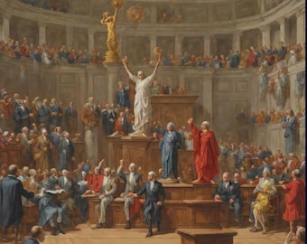 Könnte beinhalten: Ein Gemälde, das eine große Menschenmenge in einem prächtigen Saal zeigt. Eine Frau in einem weißen Gewand steht auf einer Plattform und hält einen Globus hoch, während andere gestikulieren und sprechen. Die Szene ist voller reicher Farben und komplizierter Details, was auf ein historisches Ereignis oder einen Moment großer Bedeutung hindeutet.