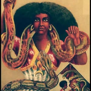 May include: A painting of a woman with dark skin and long, curly black hair. She is wearing a red and white striped shirt and a yellow skirt. She is holding two snakes in her hands, and there is a third snake wrapped around her neck. The snakes are green, brown, and yellow.