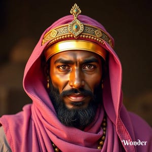 May include: A man wearing a pink and gold turban with a gold crown and a beaded necklace. He has a dark beard and brown eyes. The background is a dark brown.
