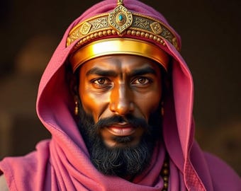 May include: A man wearing a pink and gold turban with a gold crown and a beaded necklace. He has a dark beard and brown eyes. The background is a dark brown.