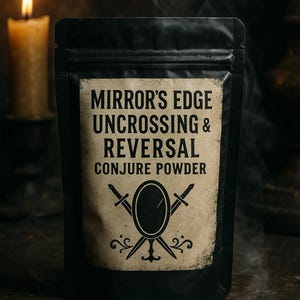 Könnte beinhalten: Schwarzer Beutel mit der Aufschrift "Mirror's Edge Uncrossing & Reversal Conjure Powder". Das Etikett zeigt ein Spiegeldesign mit gekreuzten Schwertern. Im Hintergrund eine brennende Kerze mit Rauch.