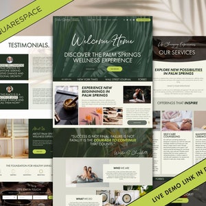 May include: Website homepage for a wellness retreat in Palm Springs, California. The website features images of yoga, meditation, and other wellness practices. The text on the website includes the words "Welcome Home", "Discover the Palm Springs Wellness Experience", and "Explore New Possibilities in Palm Springs".